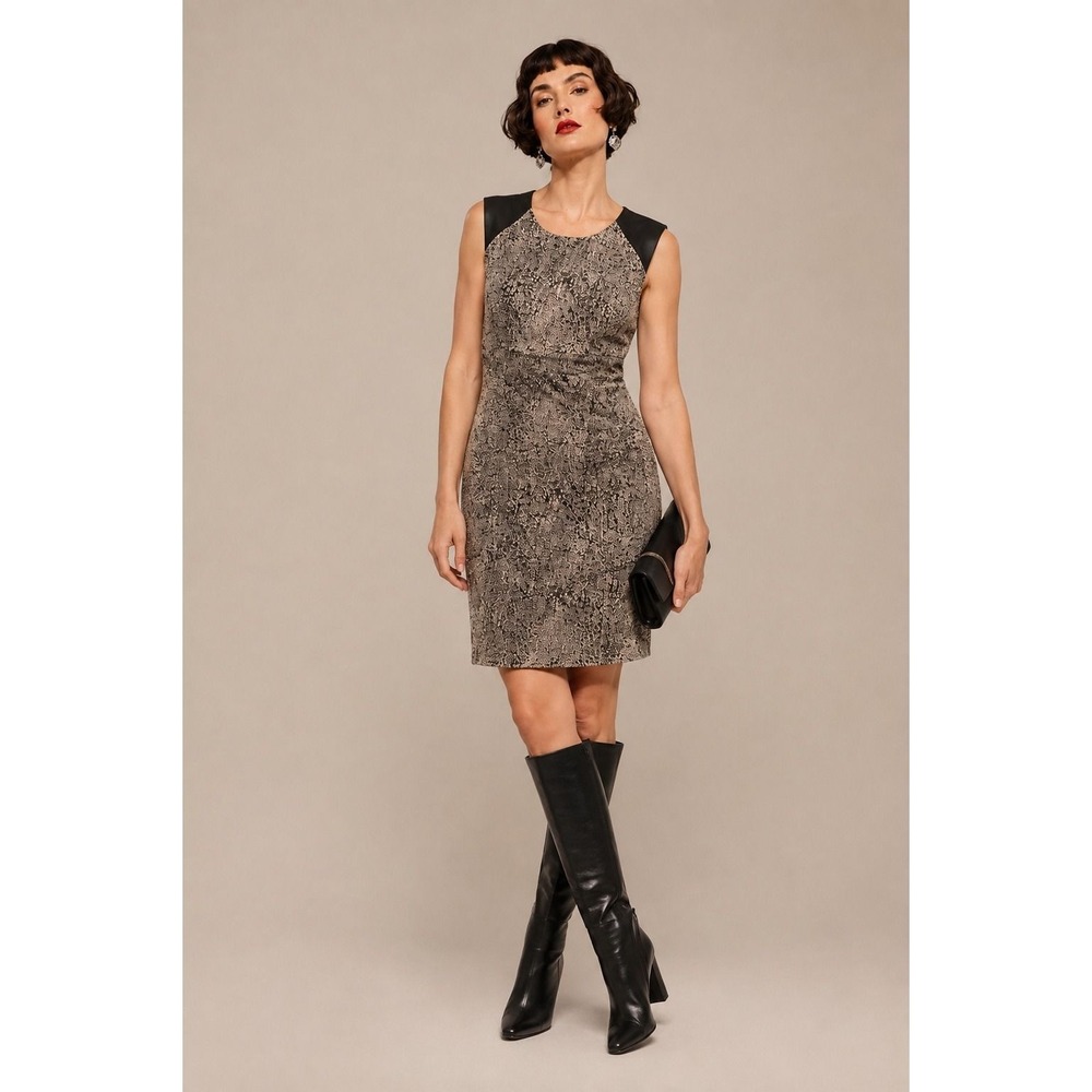 Catherine Catherine Malandrino Size 8 Sheath Dress Black Tan Patterned Lined